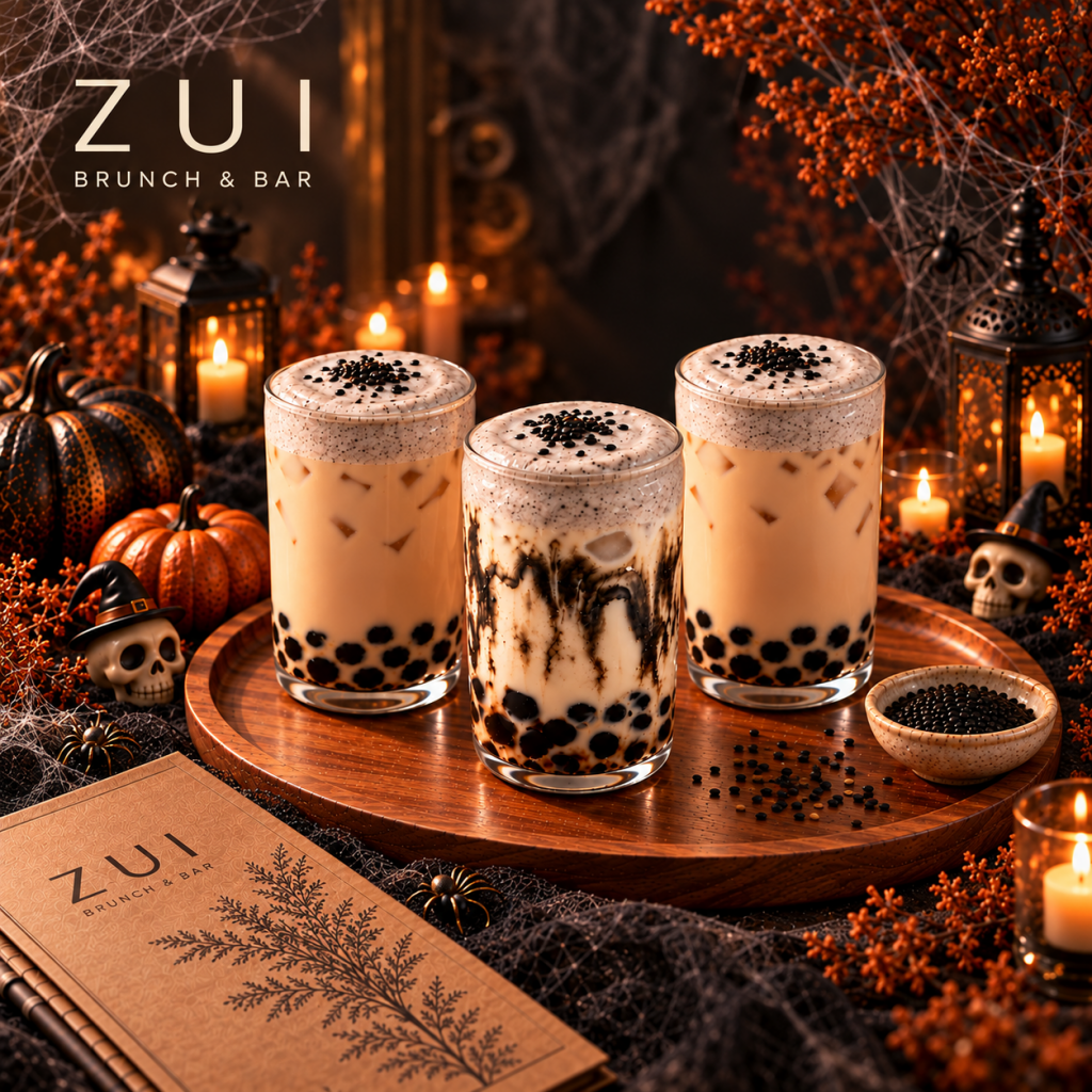 Black sesame Assam milk tea, jasmine milk tea and brown sugar milk at ZUI in Budapest